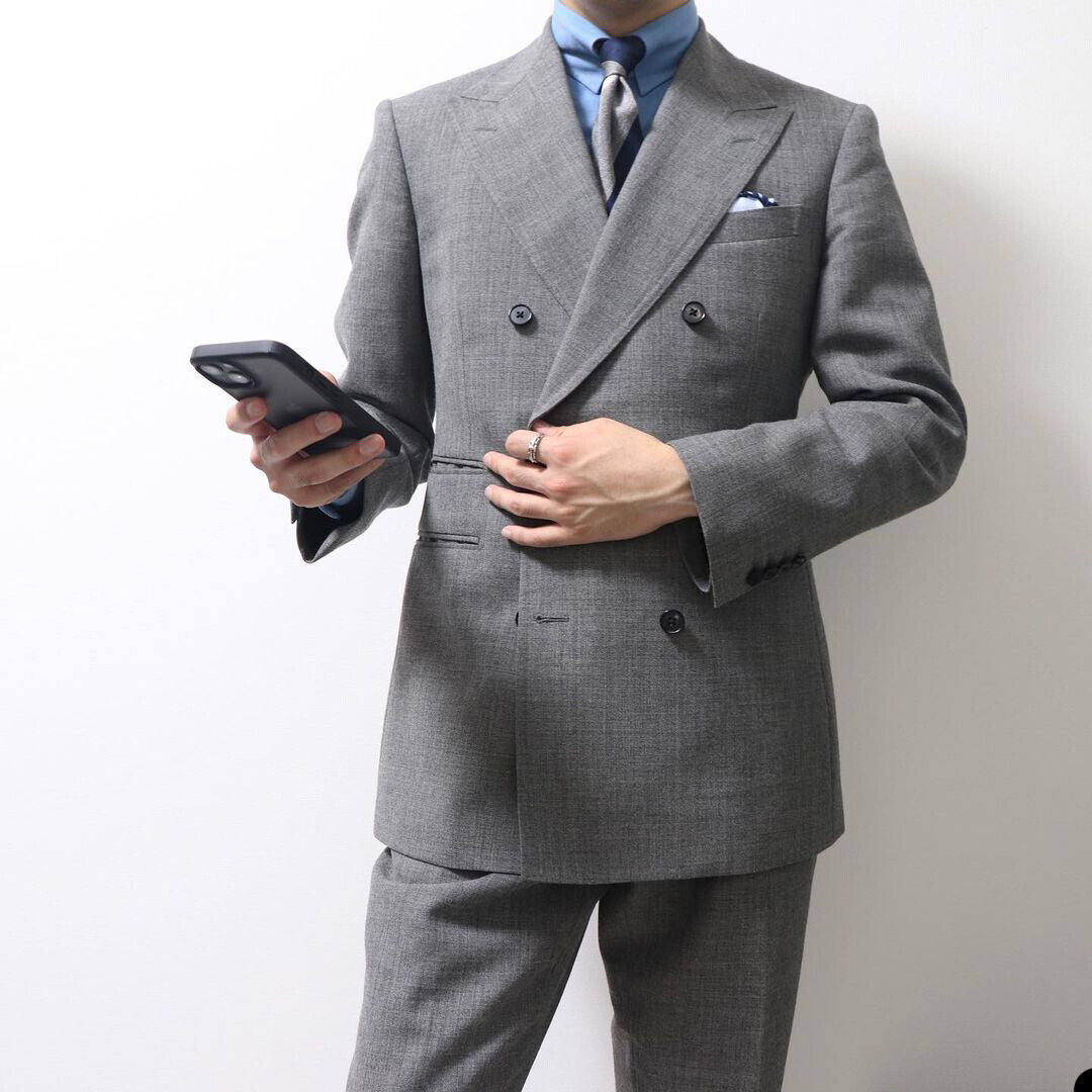 Costume gris pour homme, croisé, revers pointus, veste, pantalon, smoking de marié, sur mesure