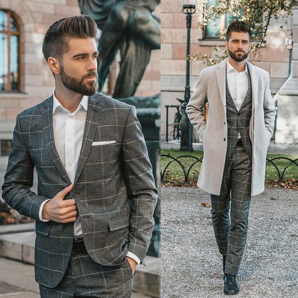 Costumes gris pour hommes pour smokings de marié revers crantés coupe ajustée blazer à carreaux deux pièces veste pantalon homme vêtements sur mesure 