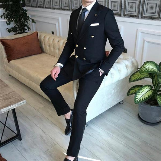 Grey Peak Lapel Men Suits 2 Pcs Double Breasted  Wedding Suits Groom Prom Tuxedos Groomsmen Suit