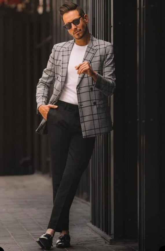 Trajes de hombre a cuadros grises únicos con chaqueta de una pieza, hechos a medida, para novios, bodas, fiestas y ocasiones formales. 