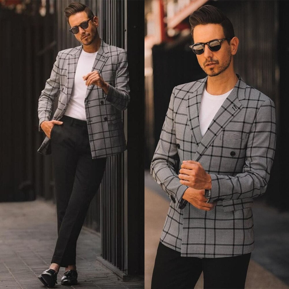 Trajes de hombre a cuadros grises únicos con chaqueta de una pieza, hechos a medida, para novios, bodas, fiestas y ocasiones formales. 