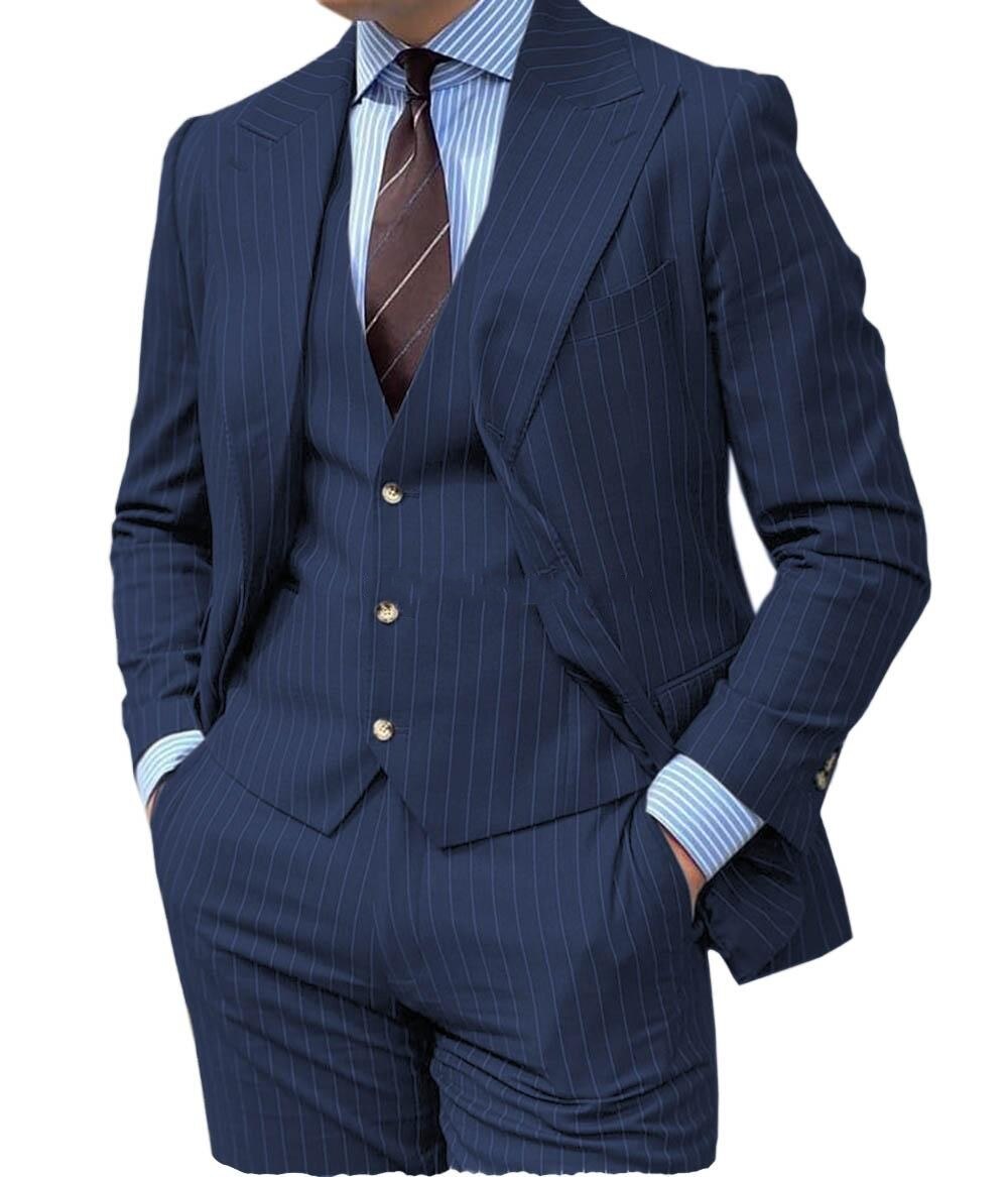 Grey Stripe Design Men Suits Peaked Lapel Formal Business Man Blazer 3 Pieces Groom Tuxedo Classic Fit Outfit