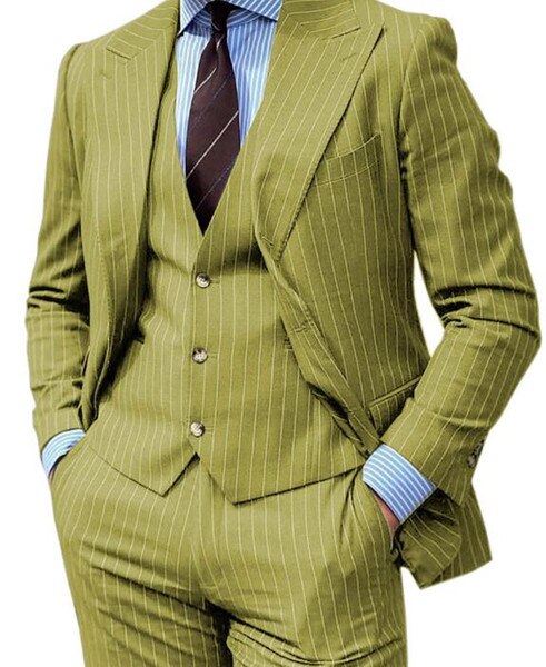 Grey Stripe Design Men Suits Peaked Lapel Formal Business Man Blazer 3 Pieces Groom Tuxedo Classic Fit Outfit