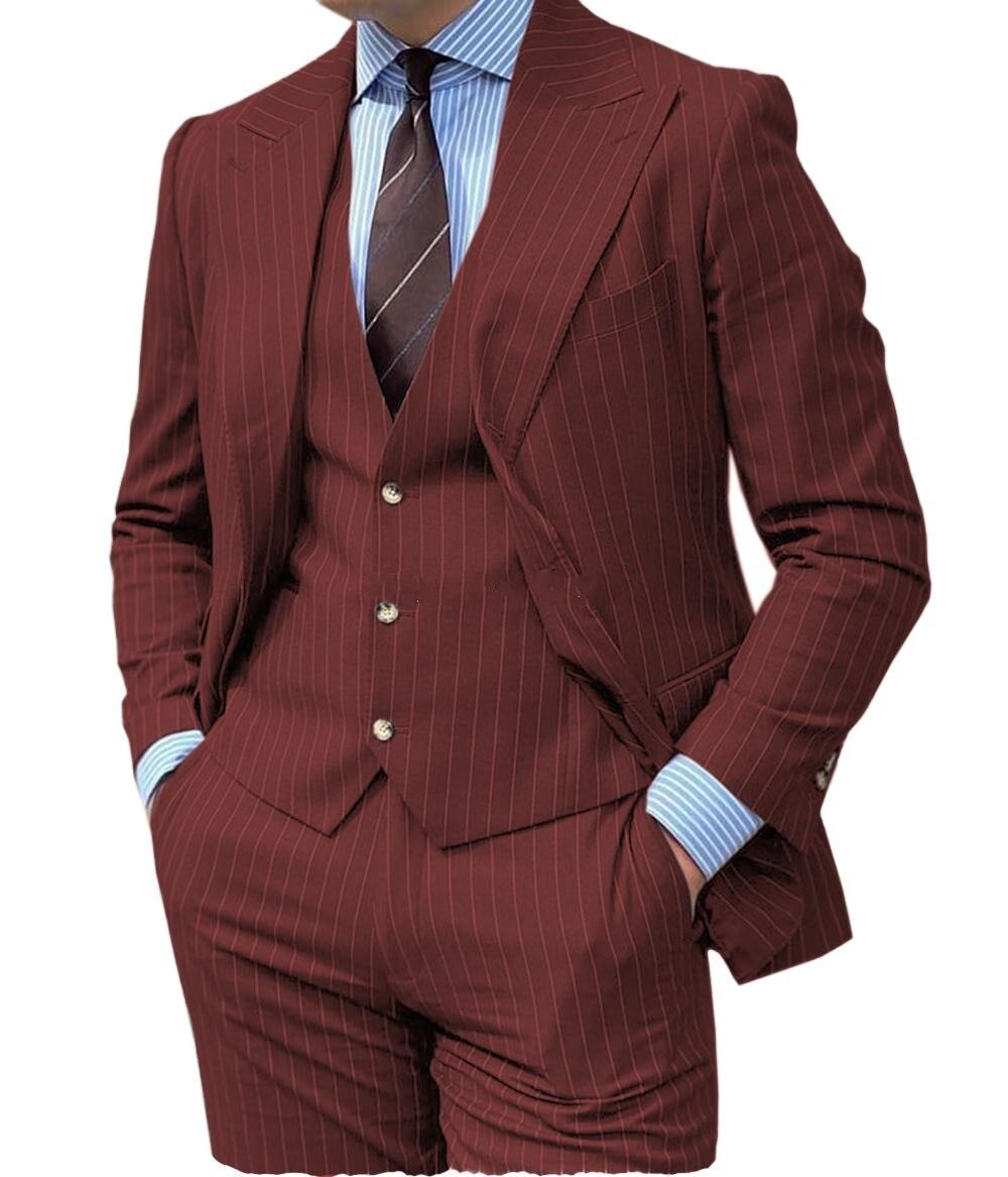 Grey Stripe Design Men Suits Peaked Lapel Formal Business Man Blazer 3 Pieces Groom Tuxedo Classic Fit Outfit