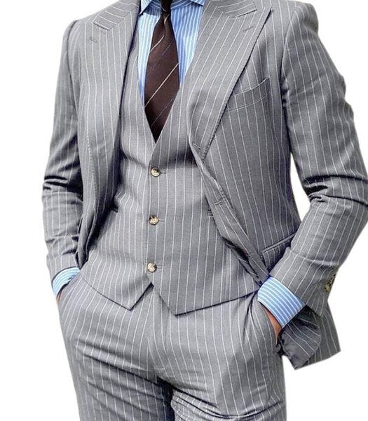 Grey Stripe Design Men Suits Peaked Lapel Formal Business Man Blazer 3 Pieces Groom Tuxedo Classic Fit Outfit