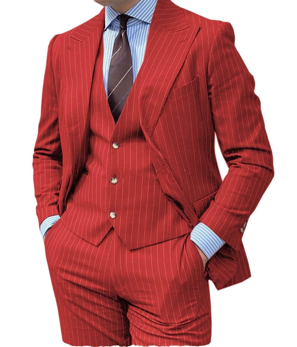 Grey Stripe Design Men Suits Peaked Lapel Formal Business Man Blazer 3 Pieces Groom Tuxedo Classic Fit Outfit