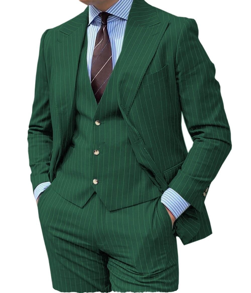 Grey Stripe Design Men Suits Peaked Lapel Formal Business Man Blazer 3 Pieces Groom Tuxedo Classic Fit Outfit