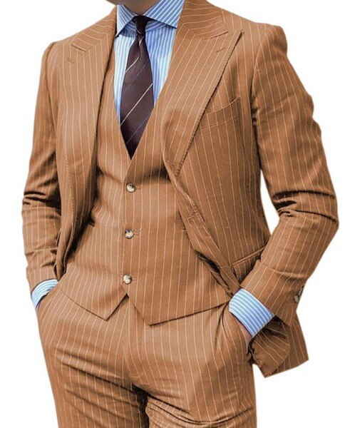 Grey Stripe Design Men Suits Peaked Lapel Formal Business Man Blazer 3 Pieces Groom Tuxedo Classic Fit Outfit