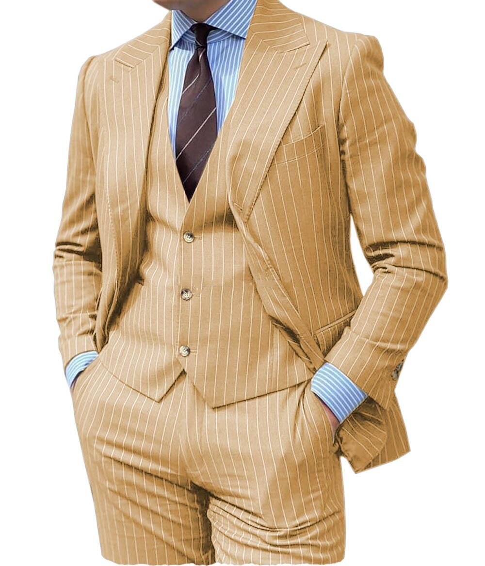 Grey Stripe Design Men Suits Peaked Lapel Formal Business Man Blazer 3 Pieces Groom Tuxedo Classic Fit Outfit