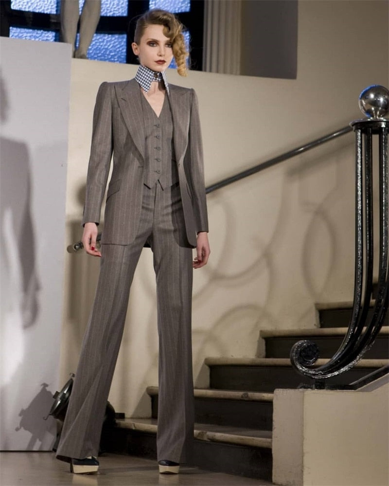Trajes de mujer a rayas grises, conjuntos de oficina de 3 piezas, de algodón, hechos a medida, blazer, chaleco y pantalones, vestido formal de noche y graduación. 