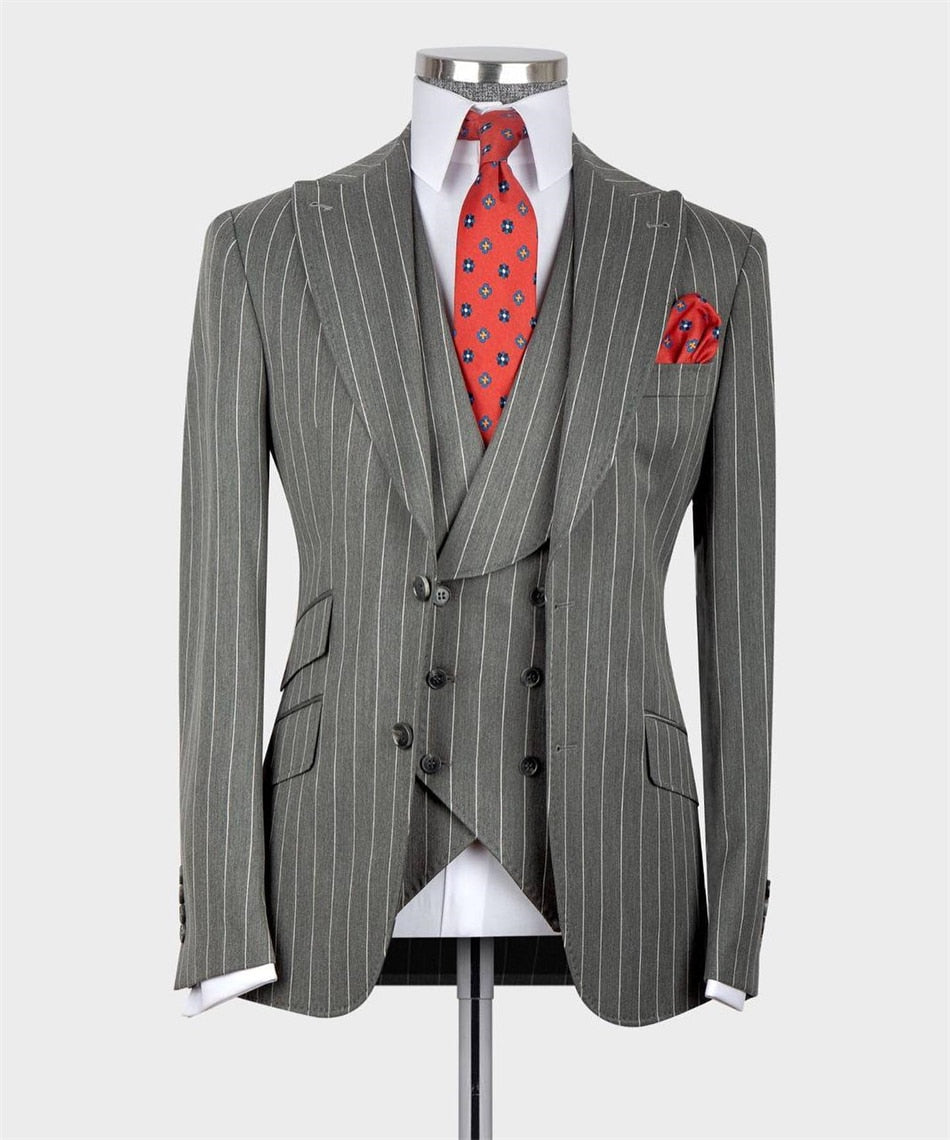 Costume classique à rayures grises pour homme, smoking de mariage 3 pièces, blazer, gilet, pantalon, costume formel pour homme, tenue d'affaires 