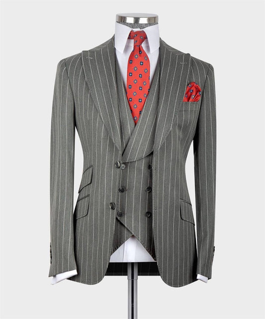 Grey Striped Classic Full Men's Suit for Wedding Groom Tuxedo 3pcs Blazer Vest Pants Formal Male Suits Business Wear