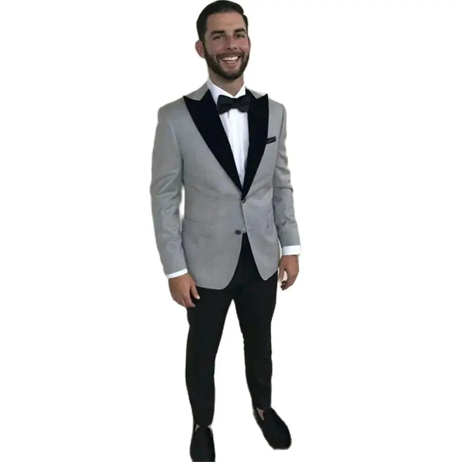 Trajes grises para hombre, conjunto completo de boda, de un solo pecho, con solapa de pico negra, blazer formal de 2 piezas, chaqueta y pantalón, a medida.