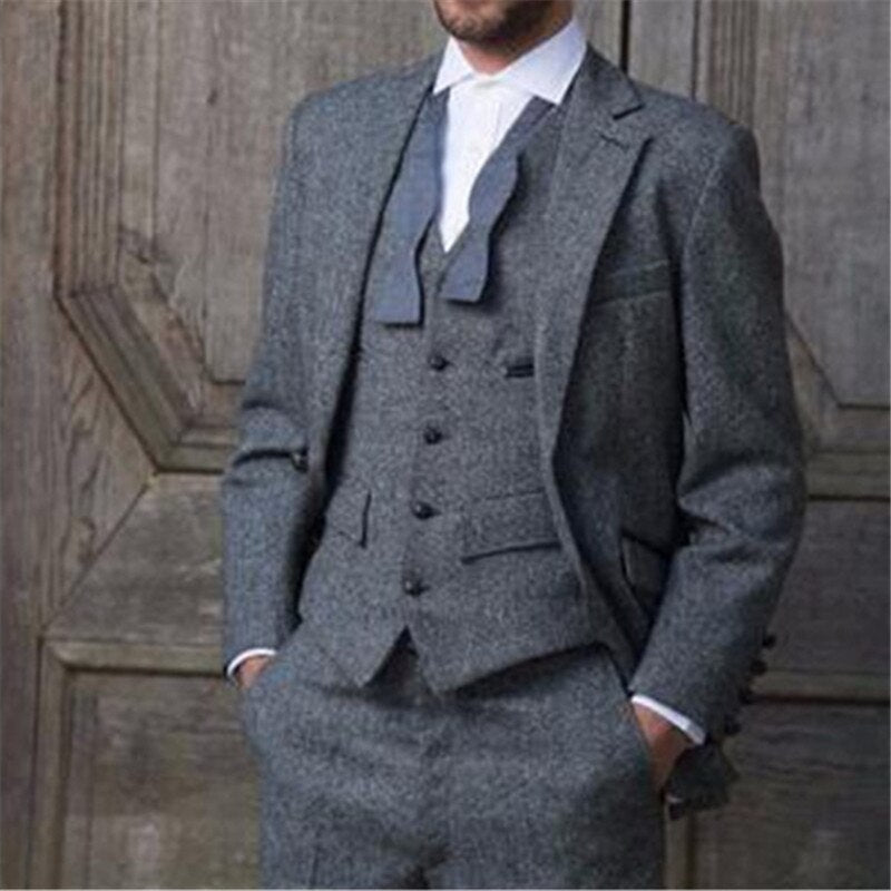 Costume 3 pièces en tweed gris pour homme (veste, pantalon, gilet, cravate), coupe slim classique sur mesure 