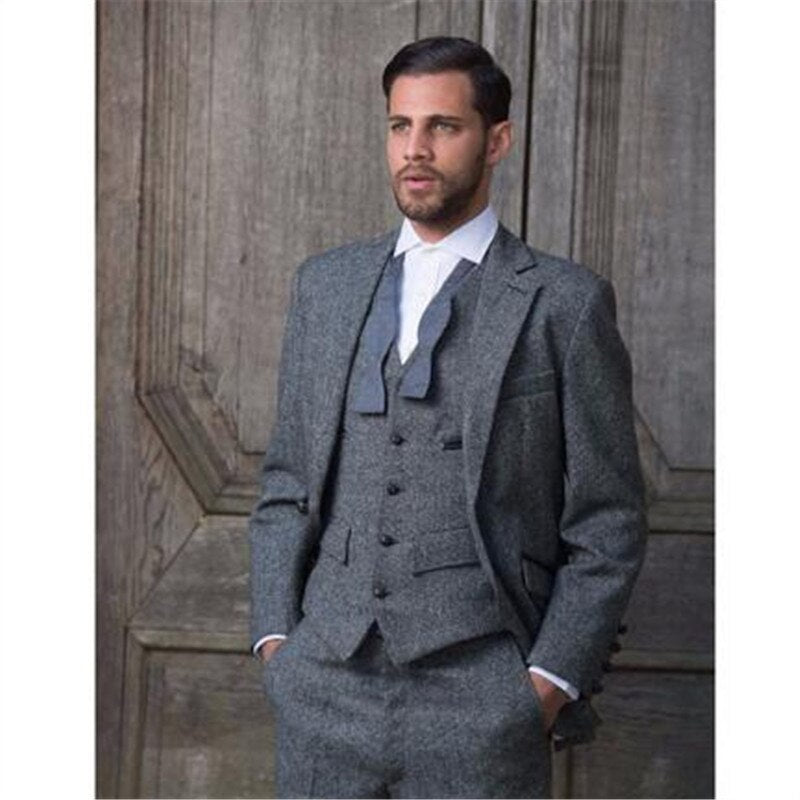 Costume 3 pièces en tweed gris pour homme (veste, pantalon, gilet, cravate), coupe slim classique sur mesure 