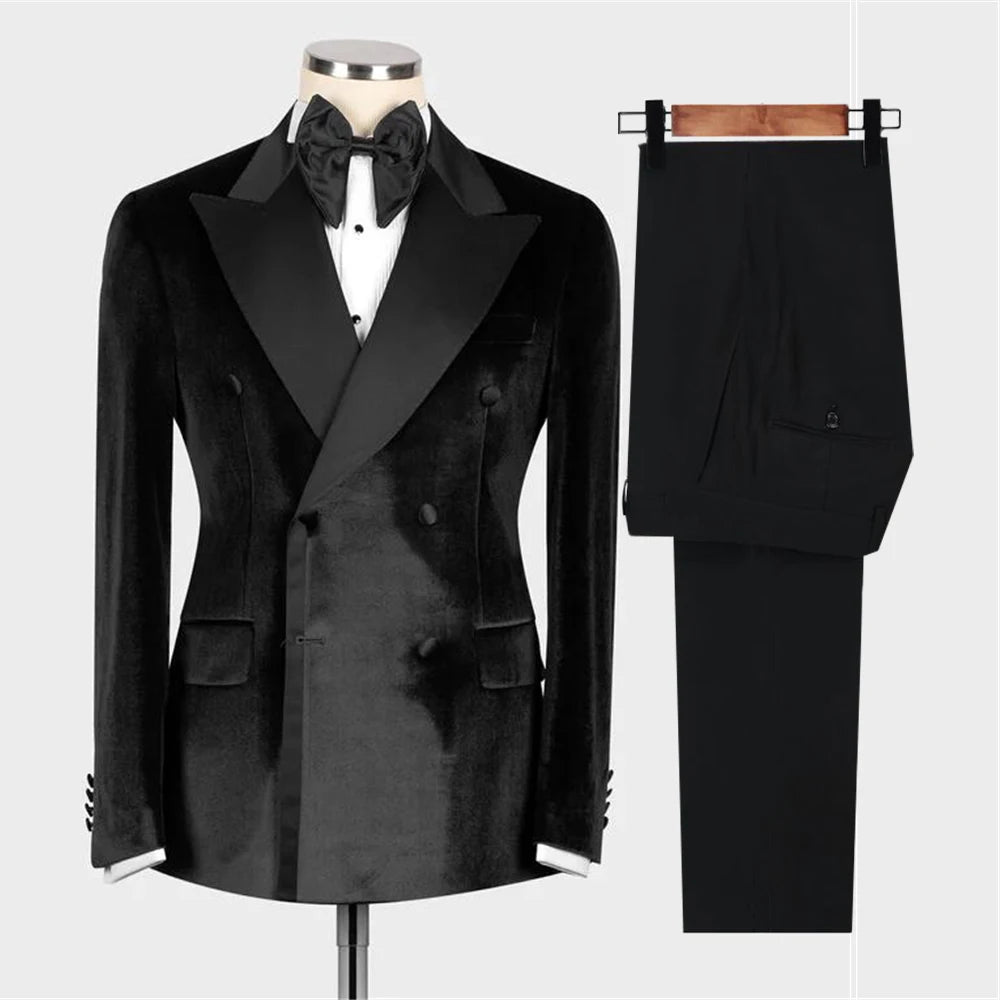 Costume de mariage pour homme, coupe slim, en velours noir, revers en satin, smoking croisé, sur mesure, 2 pièces, veste et pantalon