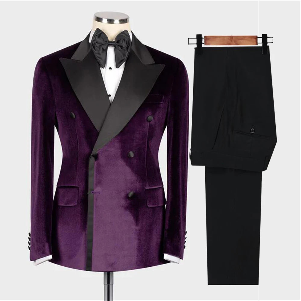 Costume de mariage pour homme, coupe slim, en velours noir, revers en satin, smoking croisé, sur mesure, 2 pièces, veste et pantalon
