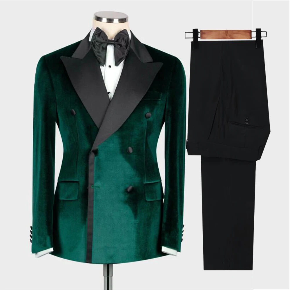 Costume de mariage pour homme, coupe slim, en velours noir, revers en satin, smoking croisé, sur mesure, 2 pièces, veste et pantalon