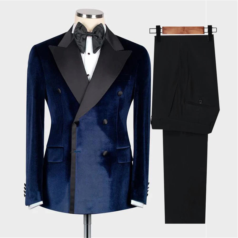 Costume de mariage pour homme, coupe slim, en velours noir, revers en satin, smoking croisé, sur mesure, 2 pièces, veste et pantalon