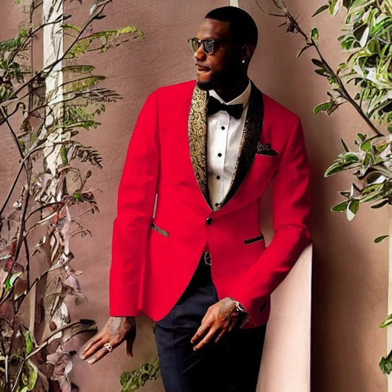 Groom Tuxedos for Groomsmen Slim Fit Best Man Men's Wedding Suits with Gold Floral Lapel Prom Party Suit (Jacket+Pants)