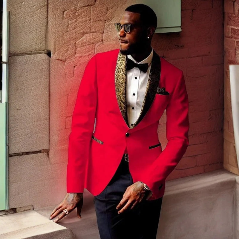 Groom Tuxedos for Groomsmen Slim Fit Best Man Men's Wedding Suits with Gold Floral Lapel Prom Party Suit (Jacket+Pants)