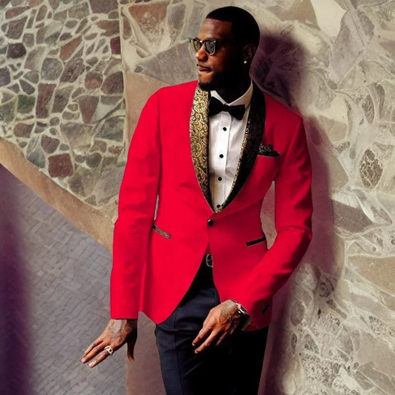 Groom Tuxedos for Groomsmen Slim Fit Best Man Men's Wedding Suits with Gold Floral Lapel Prom Party Suit (Jacket+Pants)