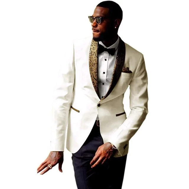 Smokings de marié pour garçons d'honneur, coupe slim, costumes de mariage pour hommes avec revers fleuri doré, costume de soirée de bal (veste + pantalon)