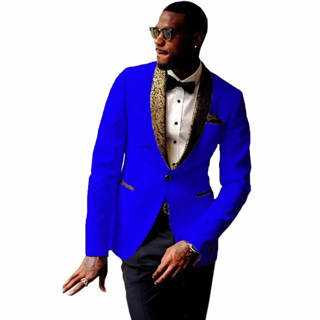 Groom Tuxedos for Groomsmen Slim Fit Best Man Men's Wedding Suits with Gold Floral Lapel Prom Party Suit (Jacket+Pants)