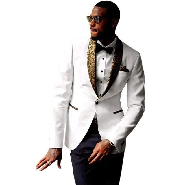 Groom Tuxedos for Groomsmen Slim Fit Best Man Men's Wedding Suits with Gold Floral Lapel Prom Party Suit (Jacket+Pants)