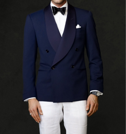 Traje de novio con abrigo azul y pantalón blanco, vestido de novia, vestido de graduación, traje de negocios, traje de fiesta de 2 piezas (chaqueta y pantalón) 
