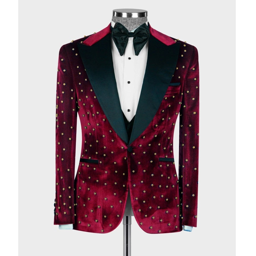 Costume de mariage 3 pièces de luxe pour homme, coupe slim, revers en velours, smoking, veste, gilet et pantalon, ensemble blazer 