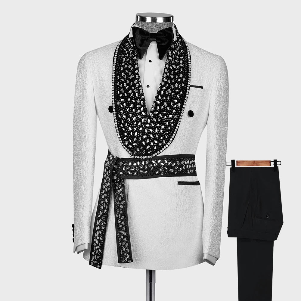 Black and White Diamond-Embellished Men's Tuxedo Suit Set, Tailored Blazer and Pants for Weddings