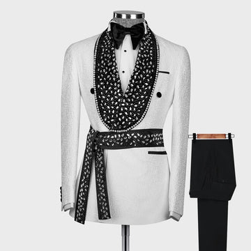 Elegante traje de esmoquin con diamantes para hombre, ideal para bodas y eventos formales: elegante blazer blanco y negro a medida con pantalón a juego.