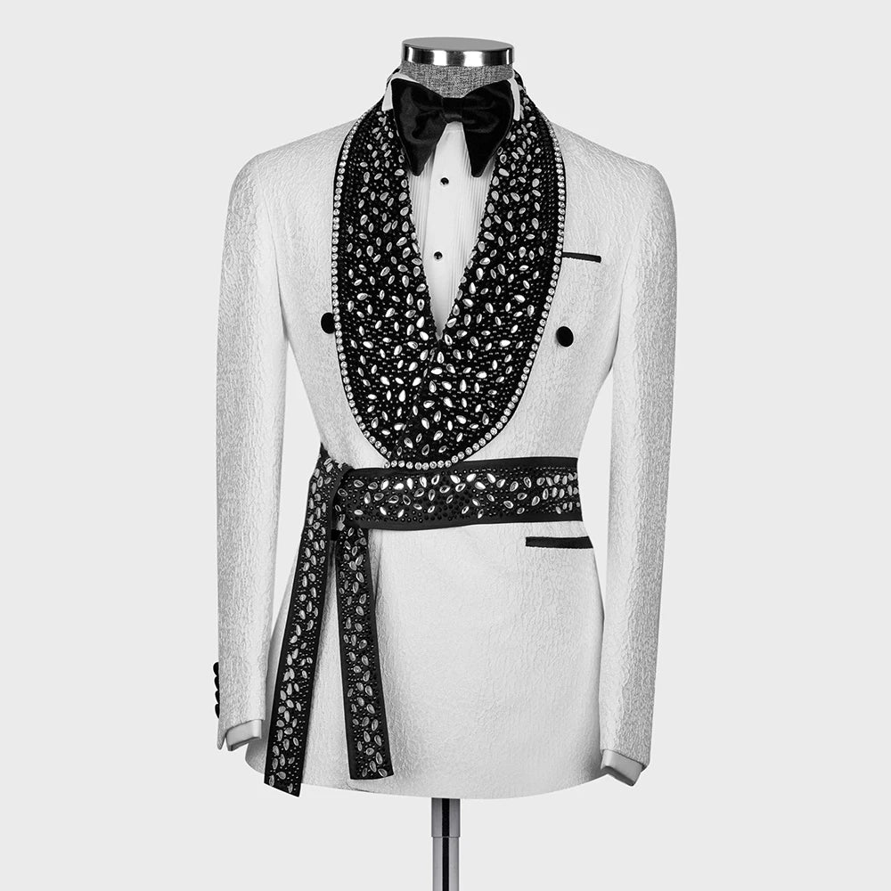 Black and White Diamond-Embellished Men's Tuxedo Suit Set, Tailored Blazer and Pants for Weddings