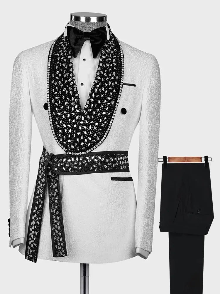 Black and White Diamond-Embellished Men's Tuxedo Suit Set, Tailored Blazer and Pants for Weddings