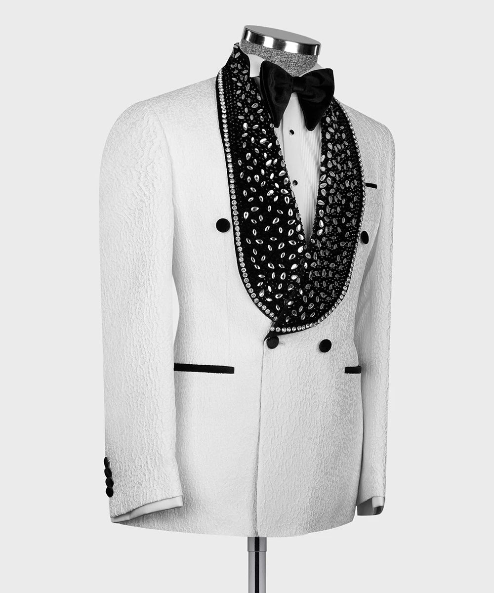 Black and White Diamond-Embellished Men's Tuxedo Suit Set, Tailored Blazer and Pants for Weddings