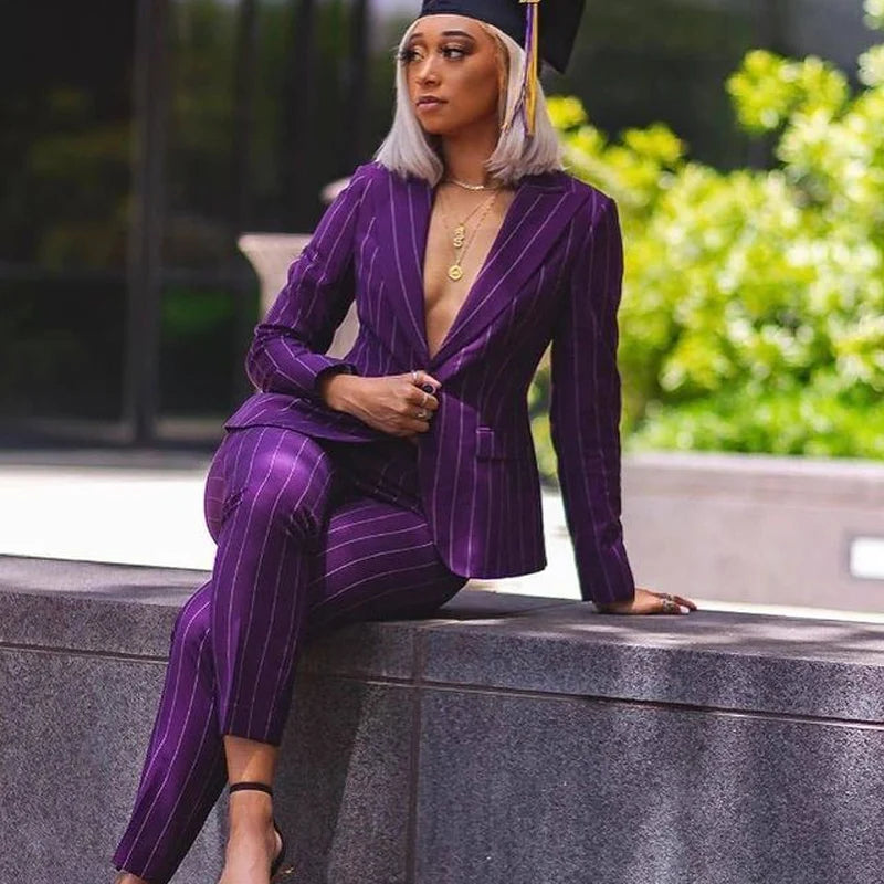 Purple Stripe Women Pants Suits for Wedding Mother of The Bride Suit Ladies Evening Party Tuxedos Formal 2 Pieces