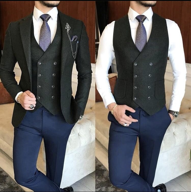 Costume de mariage bleu 3 pièces pour homme, smoking, blazer, pantalon, coupe slim, tenue de soirée, robe de bal, veste, gilet et pantalon 