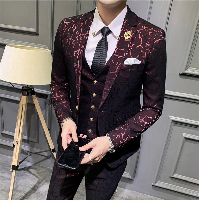 Elegant Floral Slim Fit Men's Tuxedo Suit Set - Royal Blue & Burgundy Stylish Coat, Vest & Pants for Formal Occasions