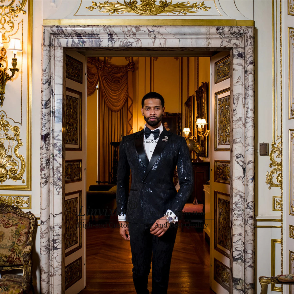 Shinny Sequin Black Mens Suits for Wedding 2 Pieces Set Customized Groom Tuxedos Slim Fit Male Prom Blazer