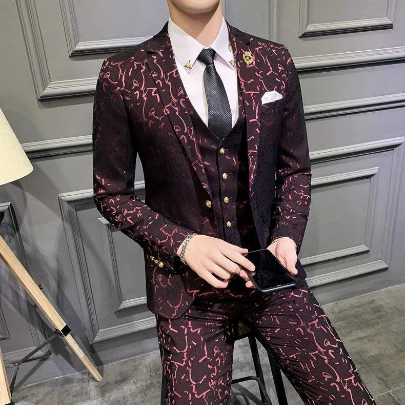 Elegant Floral Slim Fit Men's Tuxedo Suit Set - Royal Blue & Burgundy Stylish Coat, Vest & Pants for Formal Occasions
