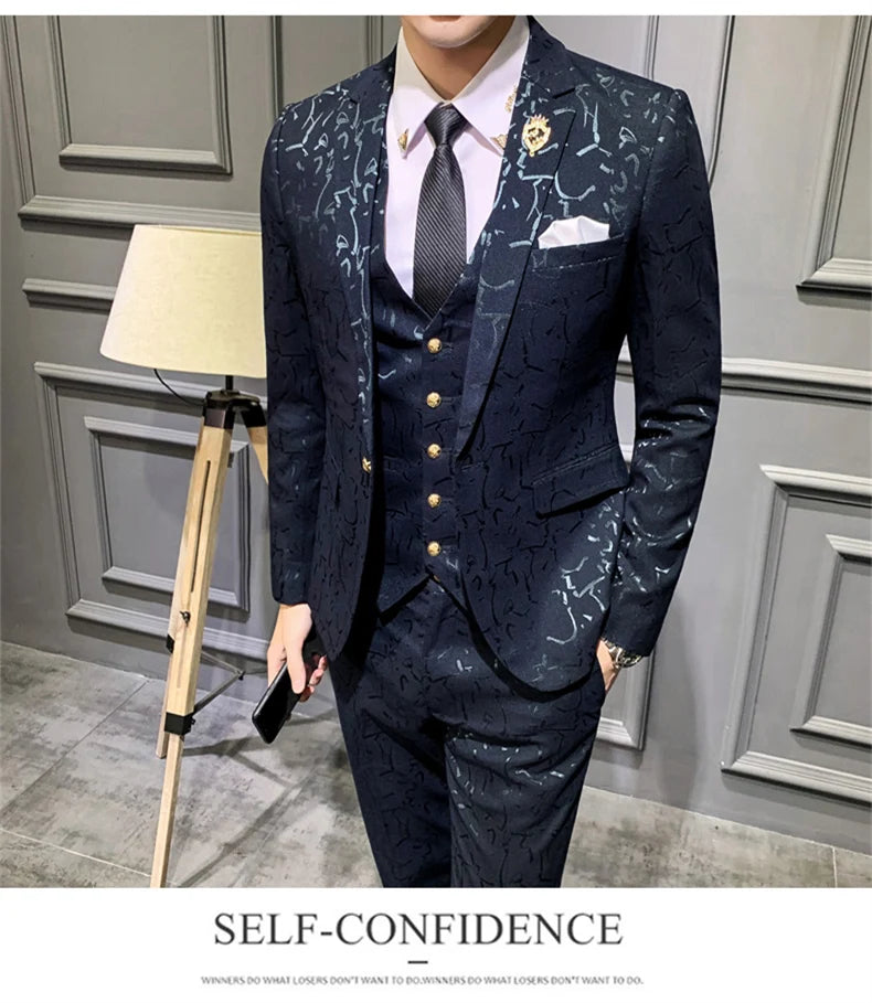 Elegant Floral Slim Fit Men's Tuxedo Suit Set - Royal Blue & Burgundy Stylish Coat, Vest & Pants for Formal Occasions