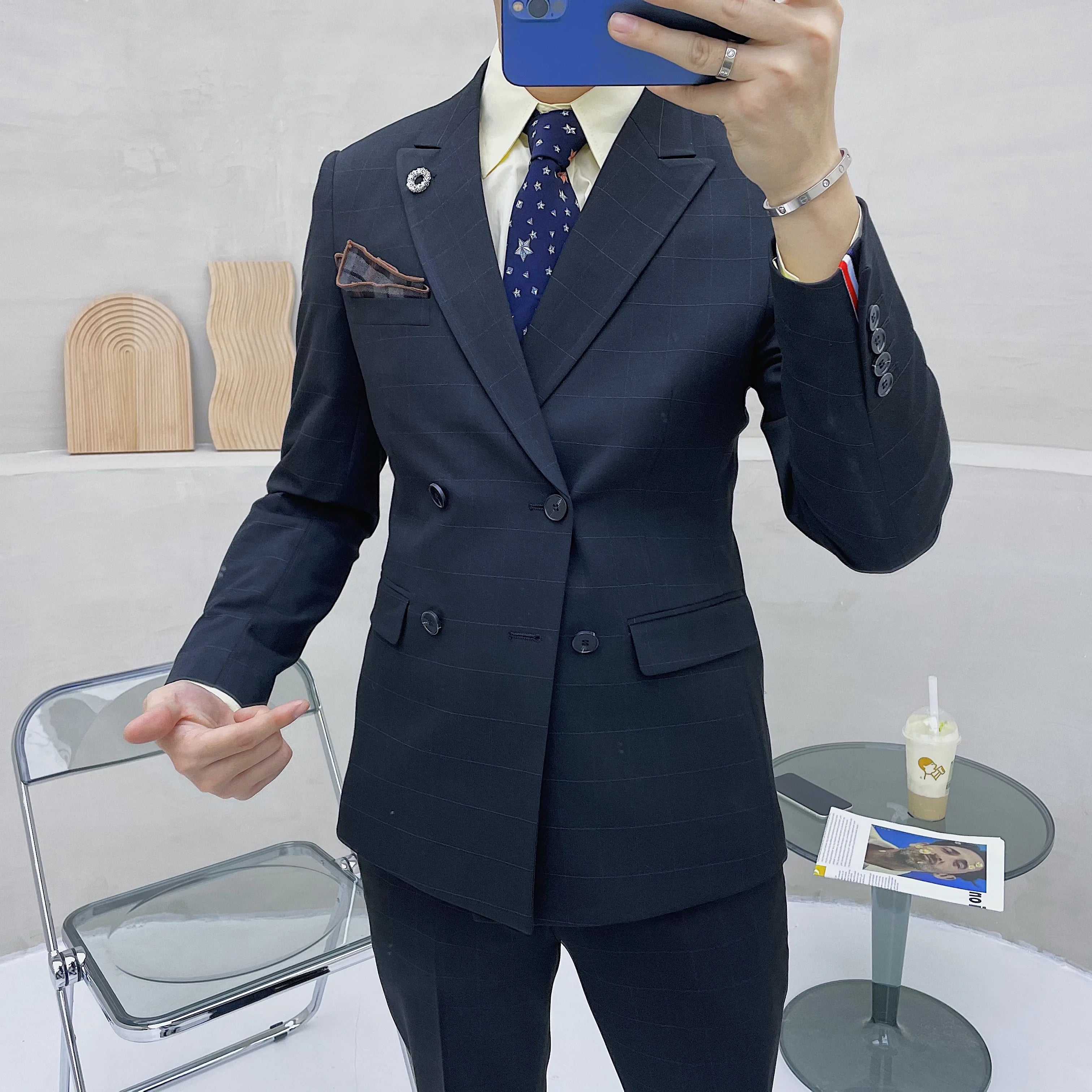 (Blazer + chaleco + pantalones) Traje clásico de celosía para hombre, conjunto de 3 piezas, trajes ajustados para hombre, doble botonadura para novio, vestido de esmoquin de boda 