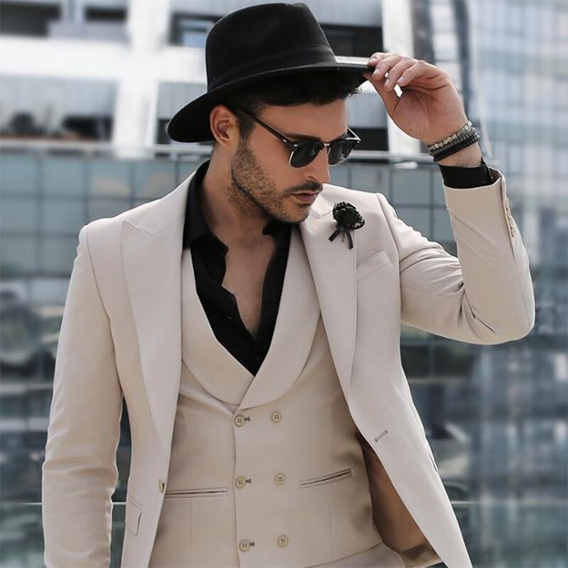Beige 3 Piece Slim Fit Cutsom Formal Suit Business Peaked Lapel Suit Groom Wedding Beige Tuxedo For Men