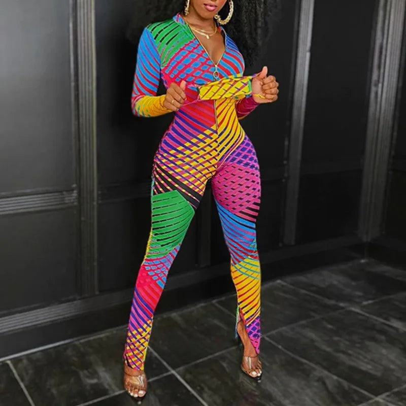 Corful Print Slim Jumpsuits for Women Zipper Playsuit New Fashion Long Sleeve Trouser Women Sexy Sport Fitness Romer Outfit