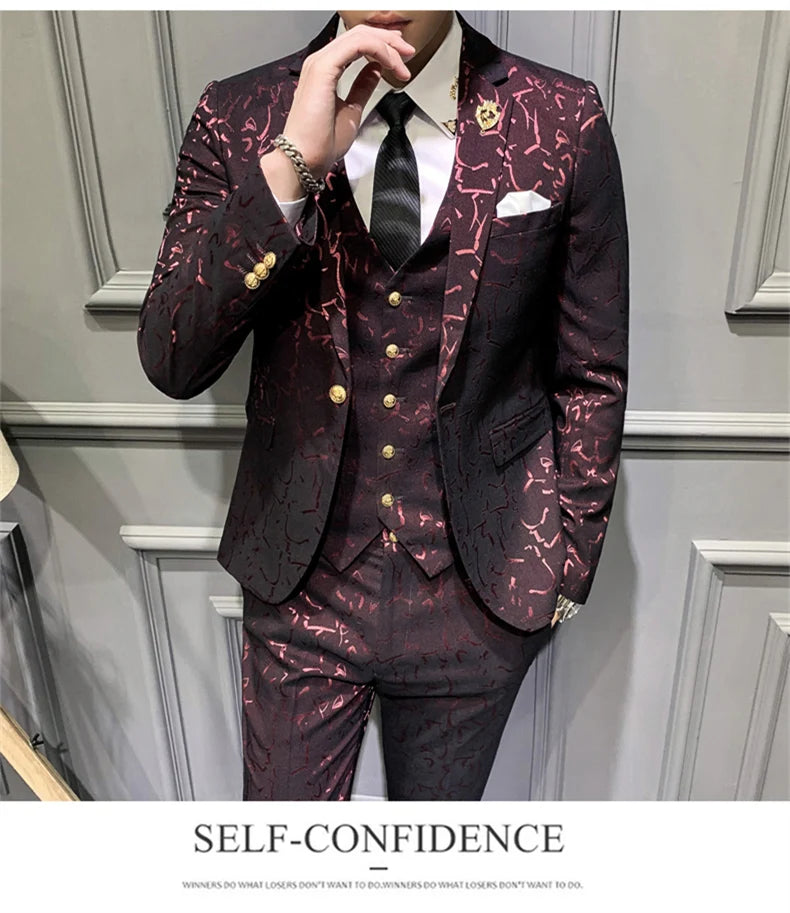 Elegant Floral Slim Fit Men's Tuxedo Suit Set - Royal Blue & Burgundy Stylish Coat, Vest & Pants for Formal Occasions