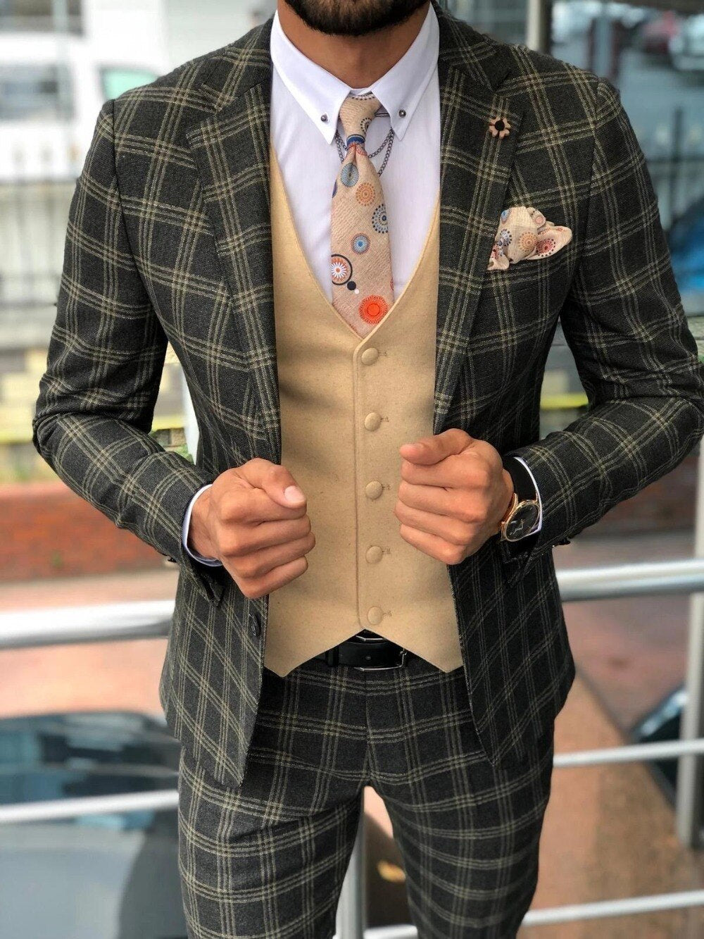 Esmoquin de boda de dos piezas con solapa con muesca y dos botones, traje formal para hombre, estampado a cuadros, trajes de novio a medida. 