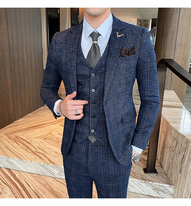 Traje de hombre de estilo británico de talla grande, traje de lana de tres piezas, vestido de novia para novio, ropa formal británica ajustada. 
