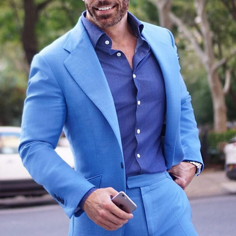 Trajes casuales azules para hombre, corte entallado, 2 piezas, para graduación, boda, esmoquin para padrinos de boda, chaqueta con solapa con muesca y pantalones 
