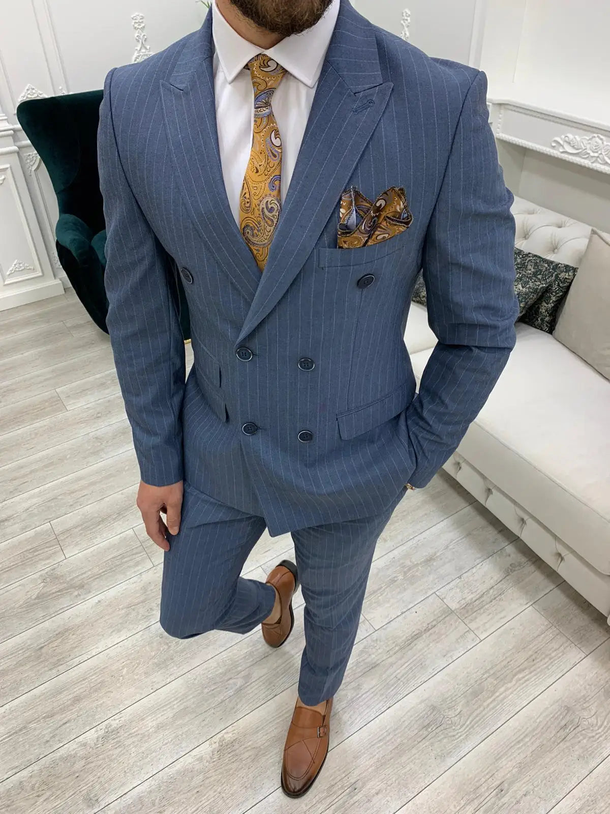 Smoking de marié sur mesure à rayures fines, coupe slim, croisé, pantalon, tenue de soirée, costume d'affaires (veste + pantalon)